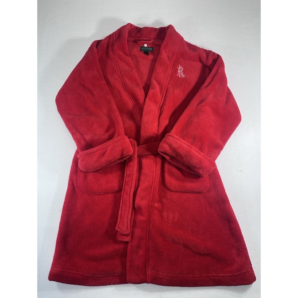 Lauren Ralph Lauren Red Fleece Robe Womens S/M Plush Long Sleeve Belted LRL Logo